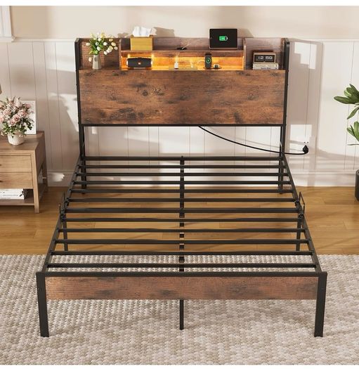 Double Bed Frame with Charging Station(2AC, 2USB) and LED, 135x190 Open Storage Shelves, Wooden Headboard, Metal Small Double Bed Frame with Underbed Storage, Strong Metal Slat Support
