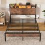 Double Bed Frame with Charging Station(2AC, 2USB) and LED, 135x190 Open Storage Shelves, Wooden Headboard, Metal Small Double Bed Frame with Underbed Storage, Strong Metal Slat Support Image 2