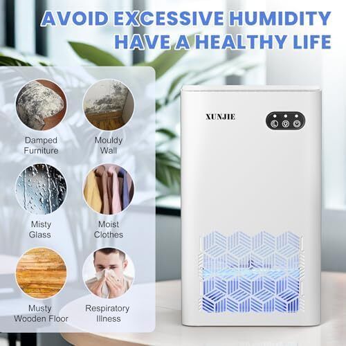 Xunjie Portable Dehumidifiers for Home, 2300ml Dehumidifier - Ultra Quiet & Auto Defrost 7 Colour LED Light Auto Shut Off - Ideal for Bedroom Bathroom RV Car Kitchen Garage Damp Removal  White