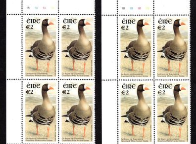 2002-04 Ireland Tenth Definitive series Birds EUR2 Greenland Goose Plate Block 1A1A1A1A & 1B1B1B1B Mint Never Hinged (MNH)