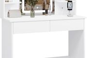 Dressing Table with LED Lighting, Adjustable Brightness, 2 USB Ports, Dressing Table Cosmetic Table with Mirror, 2 Drawers, 4 Open Shelves, Makeup Table for Bedroom, White