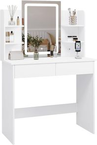 Dressing Table with LED Lighting, Adjustable Brightness, 2 USB Ports, Dressing Table Cosmetic Table with Mirror, 2 Drawers, 4 Open Shelves, Makeup Table for Bedroom, White