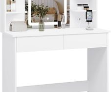Dressing Table with LED Lighting, Adjustable Brightness, 2 USB Ports, Dressing Table Cosmetic Table with Mirror, 2 Drawers, 4 Open Shelves, Makeup Table for Bedroom, White
