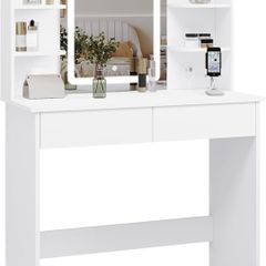 Dressing Table with LED Lighting, Adjustable Brightness, 2 USB Ports, Dressing Table Cosmetic Table with Mirror, 2 Drawers, 4 Open Shelves, Makeup Table for Bedroom, White