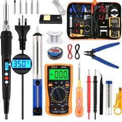 Soldering Iron Kit,WOWGO 60W Adjustable Temperature Welding Tools Set with 5 Soldering Tips,Digital Multimeter,Soldering Iron Stand,Tin Wire Tube,Desoldering Pump and Portable PU Tool Bag