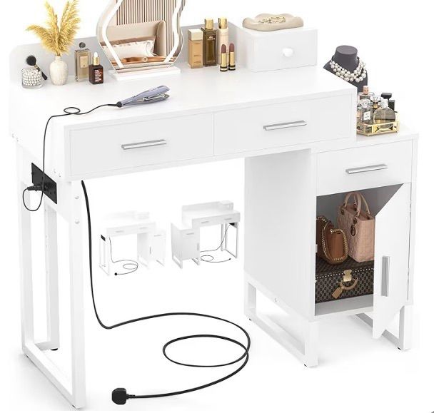 Dressing Table Vanity Desk with 4 Storage Drawers - Modern Makeup Desk with Charging Station, Vanity Desk with Reversible Cabinet Table Set with Divided Organizers for Women Girls