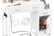 Dressing Table Vanity Desk with 4 Storage Drawers - Modern Makeup Desk with Charging Station, Vanity Desk with Reversible Cabinet Table Set with Divided Organizers for Women Girls