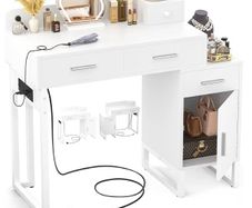 Dressing Table Vanity Desk with 4 Storage Drawers - Modern Makeup Desk with Charging Station, Vanity Desk with Reversible Cabinet Table Set with Divided Organizers for Women Girls