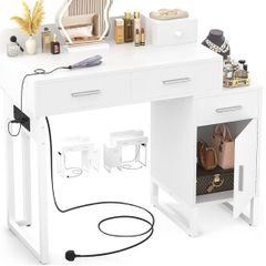 Dressing Table Vanity Desk with 4 Storage Drawers - Modern Makeup Desk with Charging Station, Vanity Desk with Reversible Cabinet Table Set with Divided Organizers for Women Girls