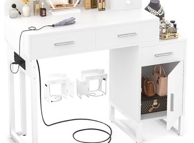 Dressing Table Vanity Desk with 4 Storage Drawers - Modern Makeup Desk with Charging Station, Vanity Desk with Reversible Cabinet Table Set with Divided Organizers for Women Girls