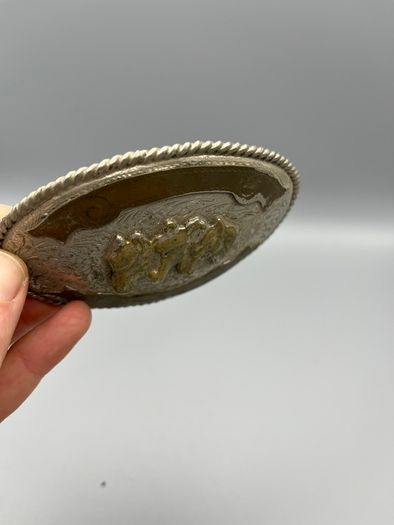 Vintage Alpaca Mexico Western Belt Buckle - Three Horse Heads, Floral Engravings