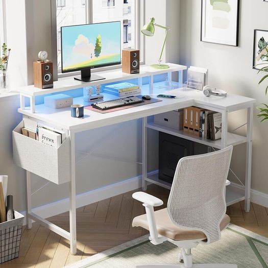 L Shaped Desk with LED Lights & Power Outlets, 100 cm Gaming Desk with 2 Shelves, Computer Table with Monitor Stand
