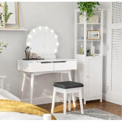 Dressing Table with Lighting, Dressing Table with Mirror and Bulbs, Cosmetic Table, Dressing Table for Perfect Makeup, Padded Stool, 2 Large Drawers, White