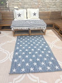 Ex display 100cm x 158cm distressed french navy and off white outdoor/indoor star rug