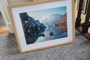 Framed lake mountain landscape scene