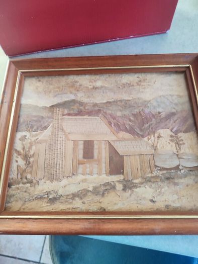 Framed Vintage  Straw and Nature Artwork (New Zealand Artist T Rogers) "Banks Peninsula" Made from Natural Objects, Textile Art, Man Cave.