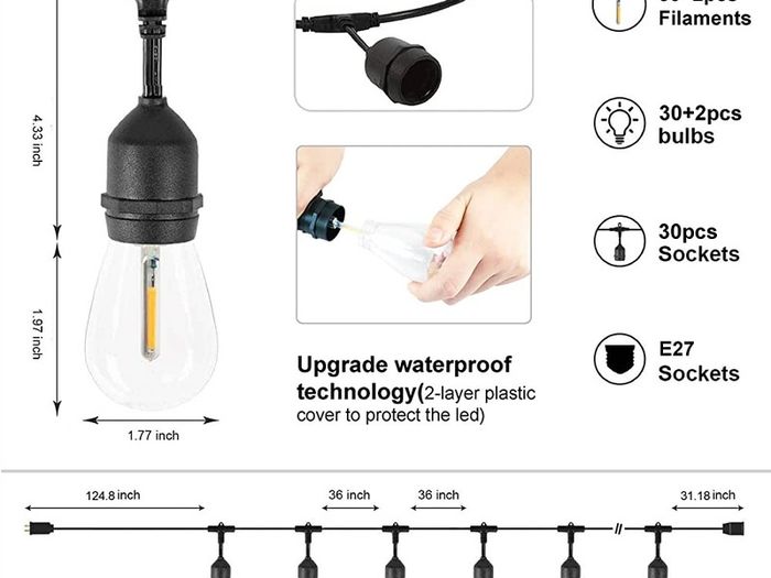 150FT S14 Outdoor String Lights Garden Lights Mains Powered Waterproof IP65 with 45+5 Plastic LED Bulbs, Warm White 2700K, Festoon Lights Outdoor for Outside Backyard Balcony Party Wedding (FREE POSTAGE)