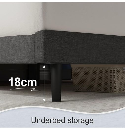 Double Bed Frame, Dark Grey, Upholstered Wooden Slat Bed Frame with Headboard