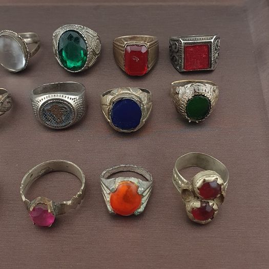 Antique Brass Rings Lot of 15 Mixed Gemstone & Glass Collectible Rings