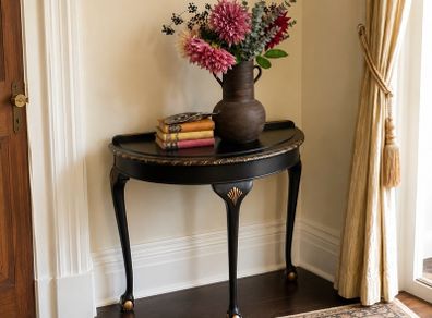 Vintage Black Console Table with Glass Top