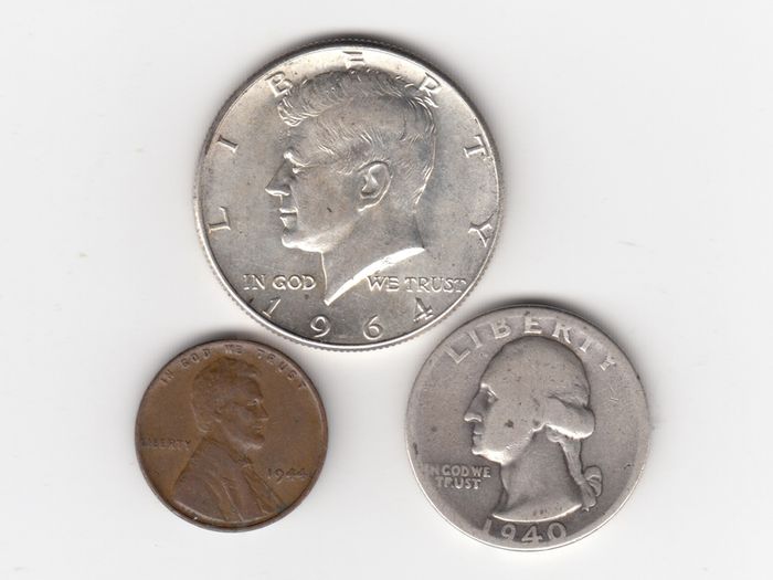 USA, Kennedy Half Dollar, 1964,Quarter Dollar 1940, 90% silver coins, wheat cent 1944 (no. G11)