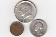 USA, Kennedy Half Dollar, 1964,Quarter Dollar 1940, 90% silver coins, wheat cent 1944 (no. G11)