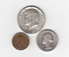 USA, Kennedy Half Dollar, 1964,Quarter Dollar 1940, 90% silver coins, wheat cent 1944 (no. G11)
