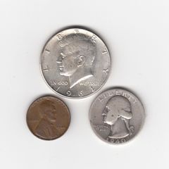 USA, Kennedy Half Dollar, 1964,Quarter Dollar 1940, 90% silver coins, wheat cent 1944 (no. G11)