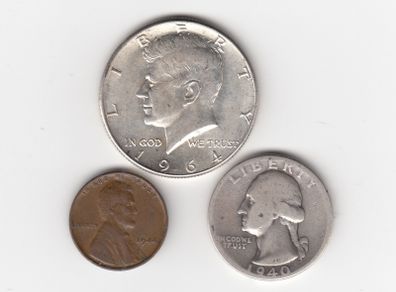 USA, Kennedy Half Dollar, 1964,Quarter Dollar 1940, 90% silver coins, wheat cent 1944 (no. G11)