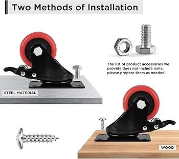 Caster Wheels, Heavy Duty 50mm Casters Set of 4, Locking Swivel Casters Wheels for Cart, Furniture and Workbench, Red