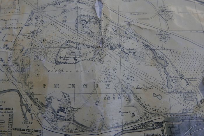 Antique DUBLIN. Map of Dublin & Suburbs with 22 vignettes of Dublin landmarks. Published by Edward Heffernan, 1st June, 1868, 12 Charleville Road, Rathmines. 28" x 22,5". Linen backed. Frayed at edges