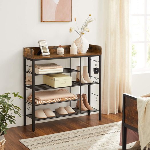 _shoe rack, shoe organizer for 14 pairs of shoes, for slippers, high heels, boots, in the entrance area, living room, bedroom, industrial style, vintage brown-black