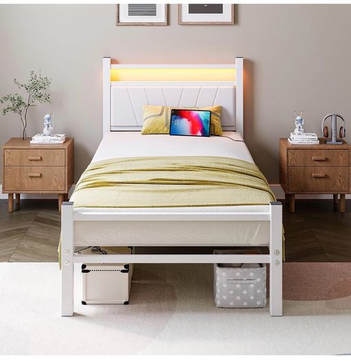 3FT Single Bed Frame with Storage Headboard, White Metal Platform Upholstered Bed frame USB Charging Station,Heavy Duty Metal Bed with LED Lights,Easy Assembly