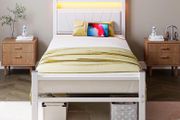 3FT Single Bed Frame with Storage Headboard, White Metal Platform Upholstered Bed frame USB Charging Station,Heavy Duty Metal Bed with LED Lights,Easy Assembly