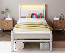 3FT Single Bed Frame with Storage Headboard, White Metal Platform Upholstered Bed frame USB Charging Station,Heavy Duty Metal Bed with LED Lights,Easy Assembly