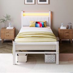 3FT Single Bed Frame with Storage Headboard, White Metal Platform Upholstered Bed frame USB Charging Station,Heavy Duty Metal Bed with LED Lights,Easy Assembly