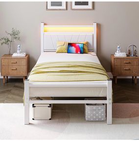 3FT Single Bed Frame with Storage Headboard, White Metal Platform Upholstered Bed frame USB Charging Station,Heavy Duty Metal Bed with LED Lights,Easy Assembly
