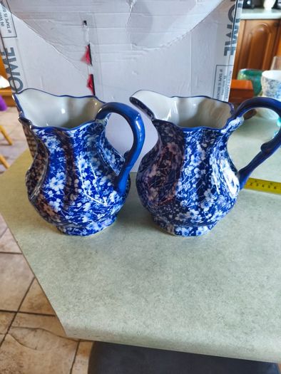 Set of 2 Victoria Ware Ironstone Pitcher, Calico Blue & White Floral flower transfer ware. each 80.00 Euro each or the set of 2 for  150.00 euro Made in England, in very good condition .