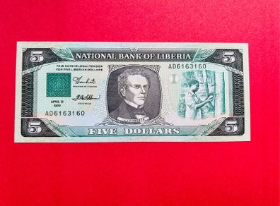 Liberia   5  Dollars  1989  Pick  19. ( Uncirculated )