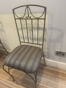 Handmade wrought iron dining chairs with silk seats x 6