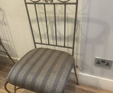 Handmade wrought iron dining chairs with silk seats x 6