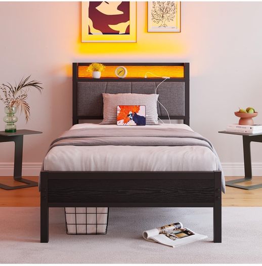 3ft Single Bed Frame with Storage Headboard,LED Lights,Metal Upholstered Platform Bed Frame with Charging