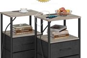 Bedside Table with Charging Station, Side Table with 2 USB Ports and Outlets, Nightstand with Cloth Drawer, Set of 2, End Table, Greige