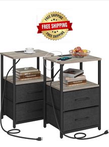 Bedside Table with Charging Station, Side Table with 2 USB Ports and Outlets, Nightstand with Cloth Drawer, Set of 2, End Table, Greige