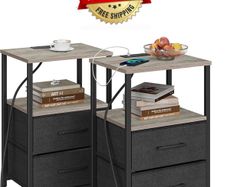 Bedside Table with Charging Station, Side Table with 2 USB Ports and Outlets, Nightstand with Cloth Drawer, Set of 2, End Table, Greige