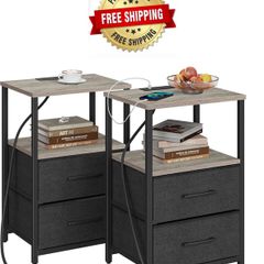 Bedside Table with Charging Station, Side Table with 2 USB Ports and Outlets, Nightstand with Cloth Drawer, Set of 2, End Table, Greige