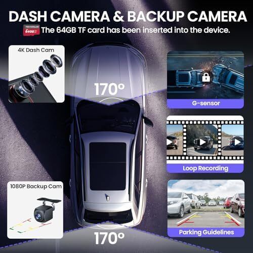 9.0 Wireless Carplay Screen for Car with 4K Dash Cam & 1080P Backup Camera, Touchscreen Car Stereo with Carplay & Android Auto, GPS Navigation, Mirror Link, Voice Control