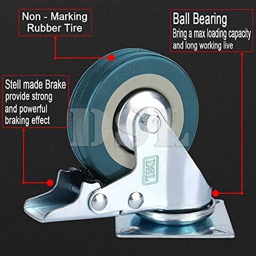 Heavy Duty Braked 50mm Swivel Castor Wheels Trolley Caster Wheels Set of 4 Rubbered Castors for Furniture Upto 200KG + Free Fitting