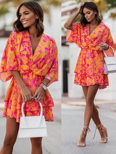 Orange and Pink batwing sleeve dress