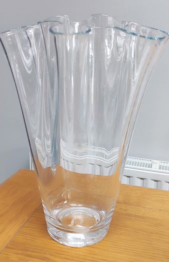 Vintage Hand Blown Clear Crystal Stretched Art Glass Vase, Made in Poland